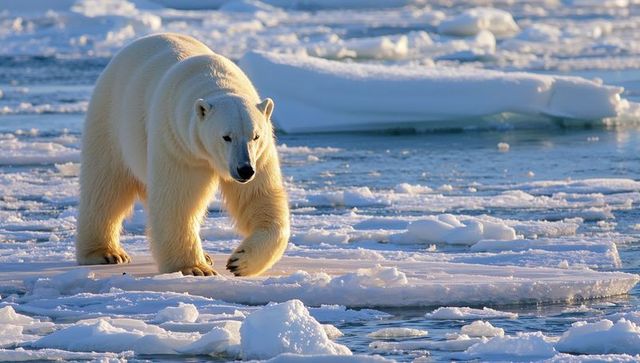 Walking polar bear crossing arctic sea ice at golden light