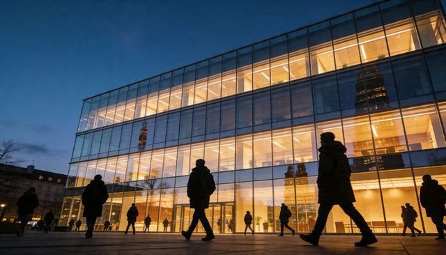 Commuters walking past glowing glass office building at dusk with reflections