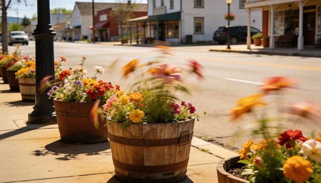 Sunlit wooden barrel planters swaying with colorful blooms on small-town main street scene