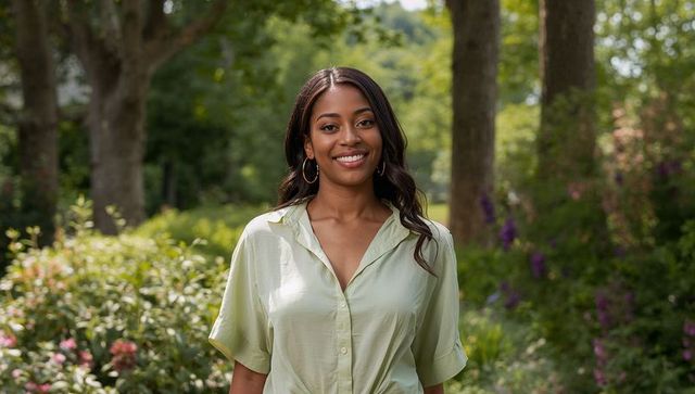Smiling Woman in Sunlit Garden with Greenery Around