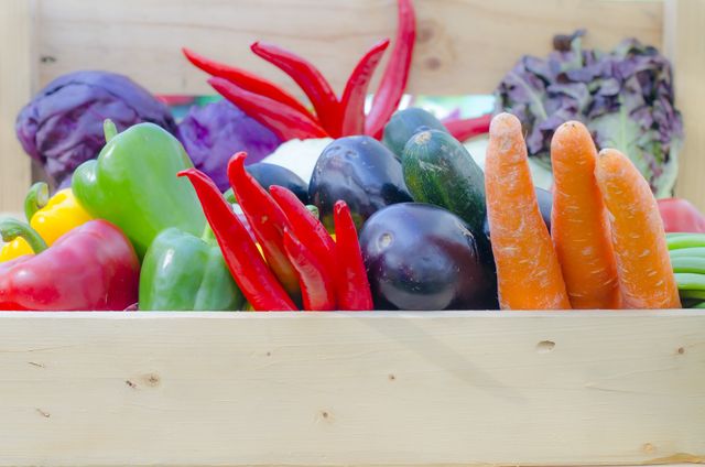Assorted fresh vegetables displayed in wooden crate, ideal for promoting farmers markets, healthy eating, farm-to-table concepts, and home gardening. Bright and colorful produce including bell peppers, chili peppers, eggplants, carrots, cucumbers suggests freshness and nutrition, perfect for advertising organic produce and vegetarian or vegan recipes.