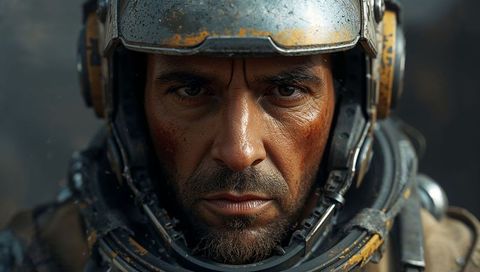 Weathered pilot staring through scuffed helmet: intense close-up of battle-ready aviator