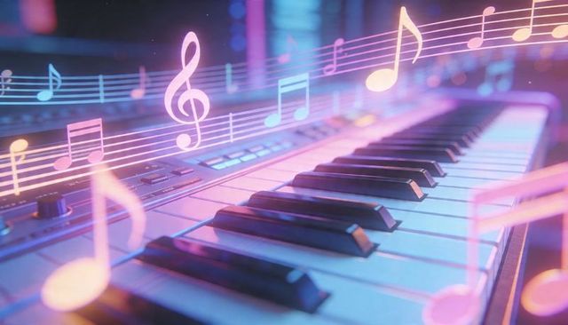 Neon synth keyboard with floating holographic notes in futuristic pastel glow studio