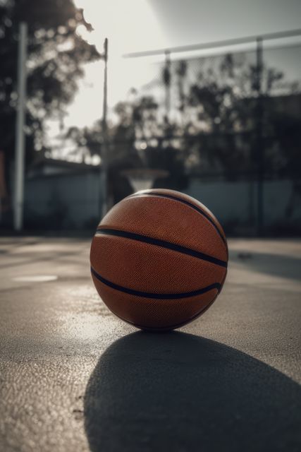 An outdoor basketball sits on an urban court during daylight. This image can be used to represent urban sports, recreational activities, street basketball, and city life. Suitable for blog posts, sports promotions, social media content, and advertisements aimed at athletes and sports enthusiasts.