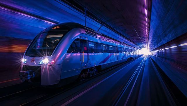 High-speed silver commuter train racing through neon-lit tunnel with starburst headlights