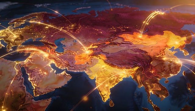 Glowing Eurasia Connectivity Map Showing Luminous Network Arcs and Urban Node Lights