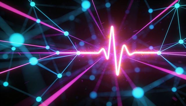 Neon heartbeat waveform pulsing through futuristic network with glowing cyan nodes