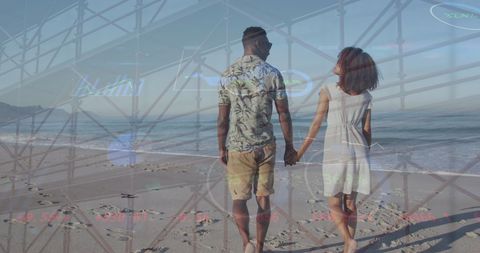 Couple on Beach Intertwined with Stock Market and Bridge Imagery