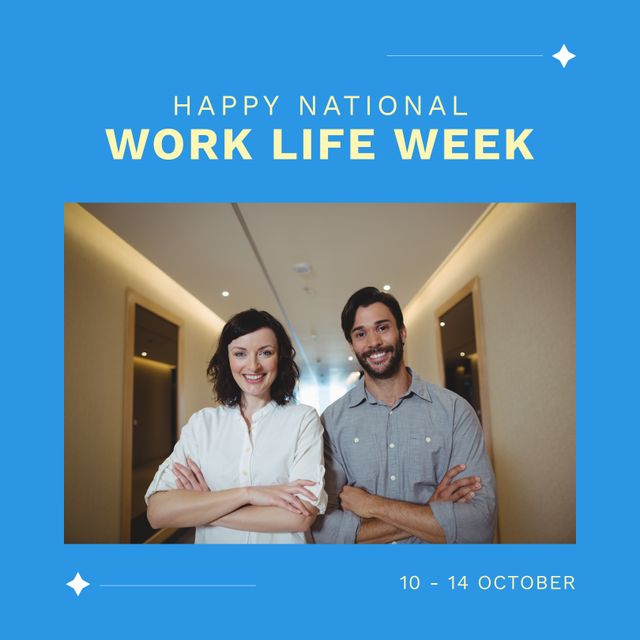Image of national work life week over happy diverse female and male coworkers. Work, business and work life balance concept.