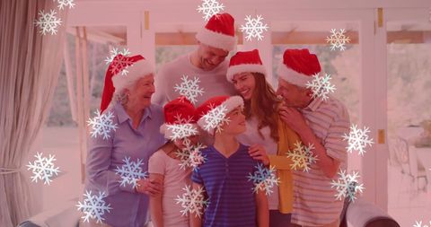 Smiling Family Enjoying Christmas Celebration with Santa Hats