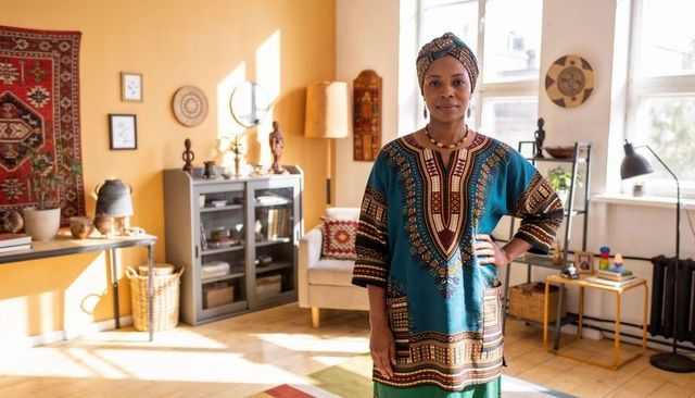 Confident woman standing in boho living room wearing teal dashiki and matching headwrap