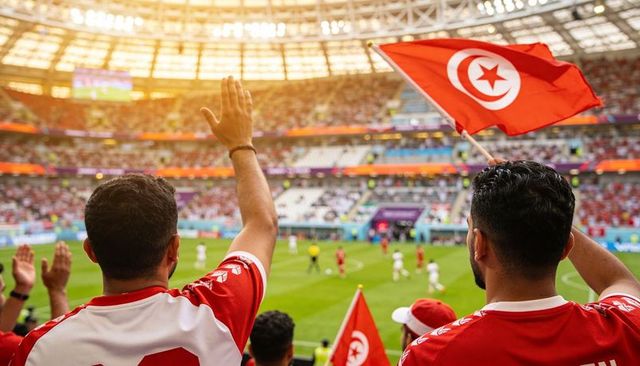 Tunisian football fans waving flags and cheering in packed stadium crowd