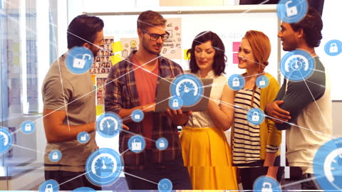 Diverse Colleagues Collaborating with Digital Security Interfaces