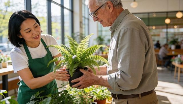 Plant shop assistant helping customer choose sunlit potted boston fern in urban nursery