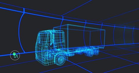 Futuristic 3D Truck in Tunnel with Digital Icons Overlay