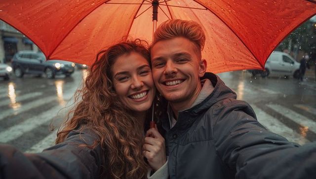 Couple Taking Selfie Under Orange Umbrella on Rainy Crosswalk