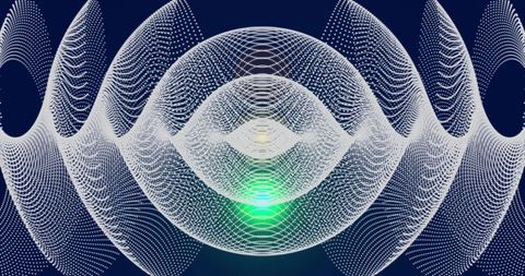 Pulsating spherical dot mesh with green core on deep navy for futuristic tech design
