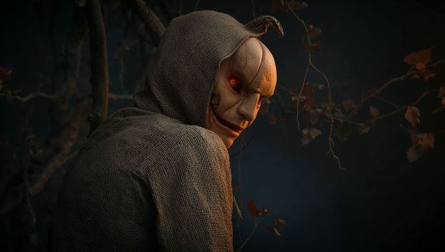 Hooded figure with glowing eyes in eerie forest