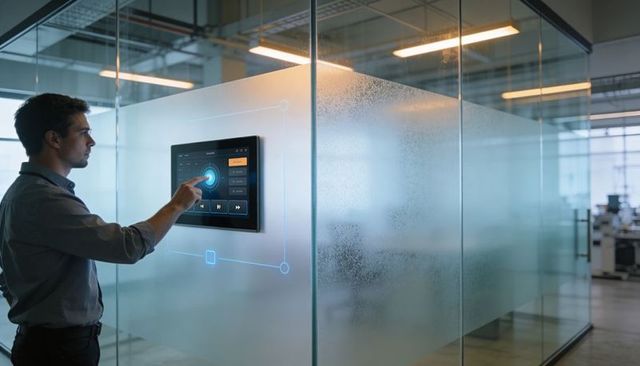 Worker controlling smart office touch panel on frosted glass wall