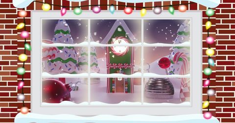 Festive Winter Scene Through Snowy Window With Decorations