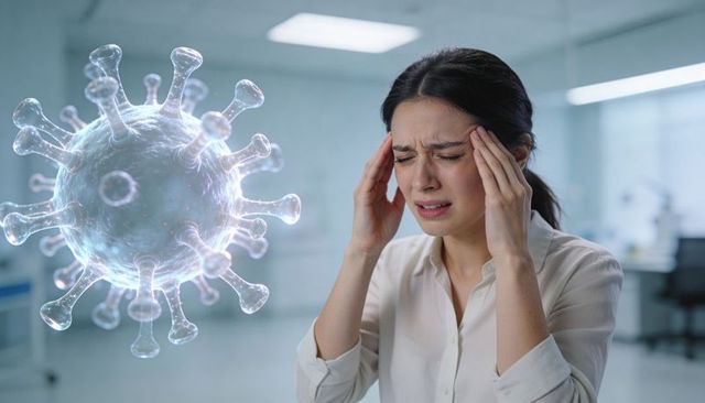 Woman pressing temples experiencing headache with hovering virus visualization in clinic