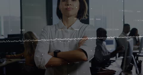 Confident Businesswoman with Financial Data in Office Background