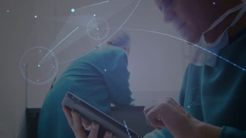 Caucasian Surgeon Using Tablet with Futuristic Network Overlay