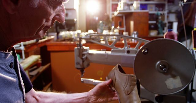 Elderly Cobbler Crafting Leather Shoe in Workshop - Download Free Stock Images Pikwizard.com