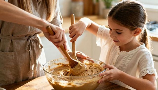 Mother and daughter stirring dough in sunlit kitchen, sharing warm baking moment