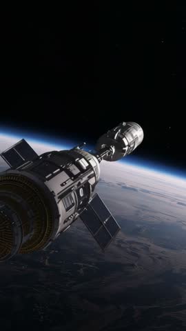 Orbiting Space Module Circling Earth Horizon with Solar Panels - Vertical Video