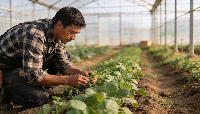 Greenhouse grower tending lettuce seedlings in neat rows, organic urban farming concept