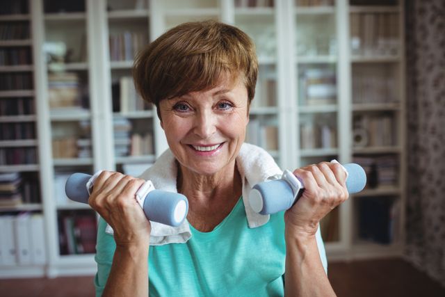Senior woman lifting dumbbells in a home setting, promoting active aging and healthy lifestyle. Ideal for use in articles about senior fitness, home workout routines, and wellness for older adults. Suitable for health and fitness blogs, senior care websites, and promotional materials for fitness programs targeting older adults.