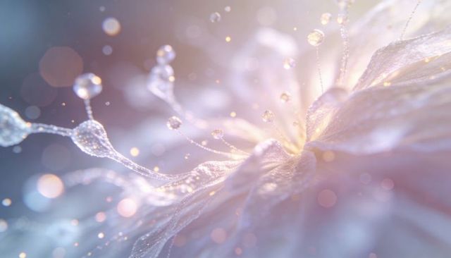 Pastel macro of dew-tipped blossom with glittering filaments, soft bokeh and ethereal glow