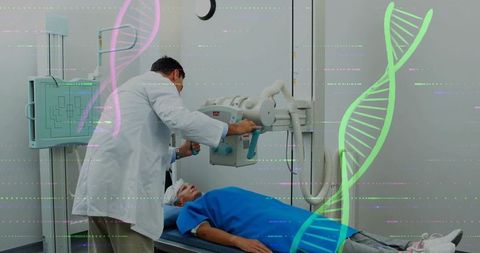 Radiologist adjusting x-ray machine over patient in clinical setting