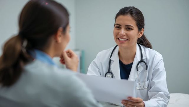 Female physician reviewing patient documents during consultation