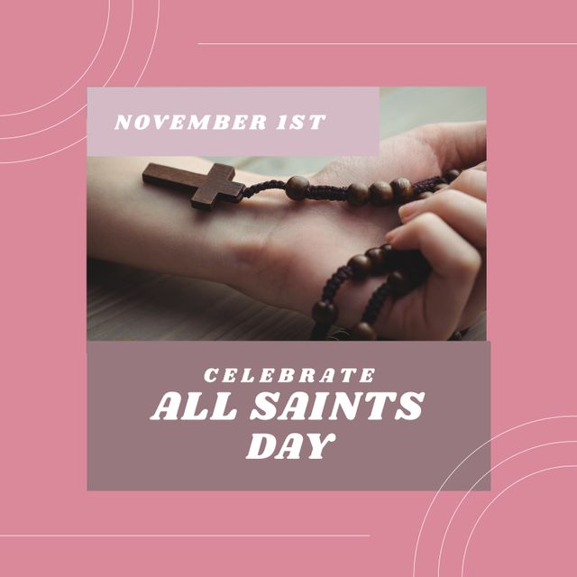 Composition of celebrate all saints day text over hand with rosary. All saints day and religion concept digitally generated image.