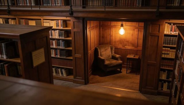 Cozy wood-panel library reading nook with vintage armchair, side table and warm pendant light