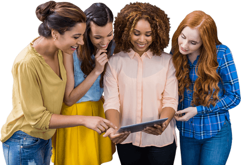 Diverse businesswomen discussing over tablet on transparent background