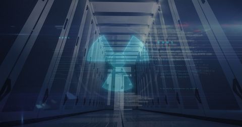 Nuclear symbol overlay on server room implies data security risk