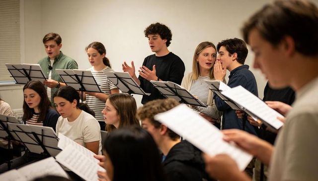 Teen choir rehearsing with curly-haired lead singer reading sheet music