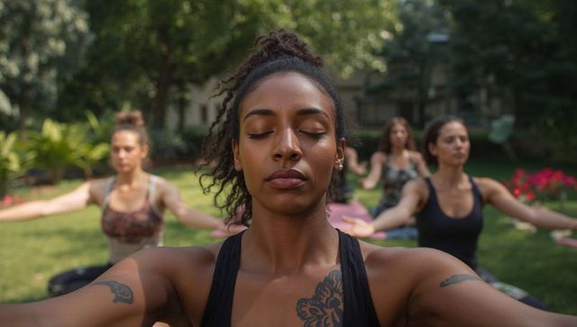 Focused woman leading outdoor group yoga with chest tattoo practicing breathwork, serenity