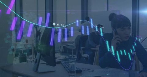 Businesswoman Consulting Over Phone with Financial Analytics Overlay