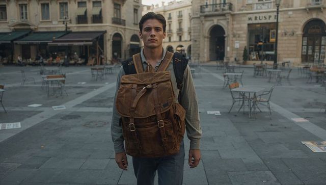 Young man walking through empty European piazza carrying vintage leather backpack