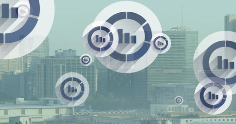 Floating Bar Graph Icons Overlaying Cityscape in Abstract