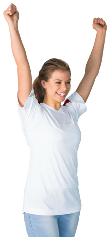 Cheerful Fun Female Fan Wearing White T-shirt with Arms Raised Transparent Background - Download Free Stock Videos Pikwizard.com