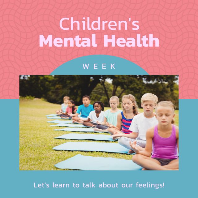 Composition of children's mental health week text and children practicing yoga in park. Children's mental health week, childhood and mental health awareness concept digitally generated image.