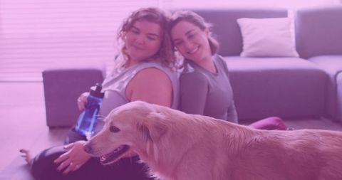 Women Practicing Yoga at Home with Energetic Golden Retriever