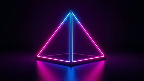 Glowing Neon Pyramid Casting Magenta Cyan Reflections Dark Floor Futuristic LED Geometry