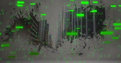 Cyberpunk Cityscape Featuring Green Binary Code Overlay and Grunge Glitch Street Canyon