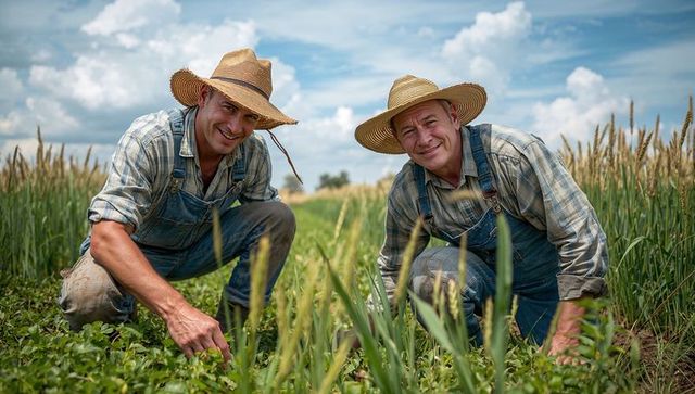 Two farmers tending young crops between wheat rows wearing straw hats and overalls